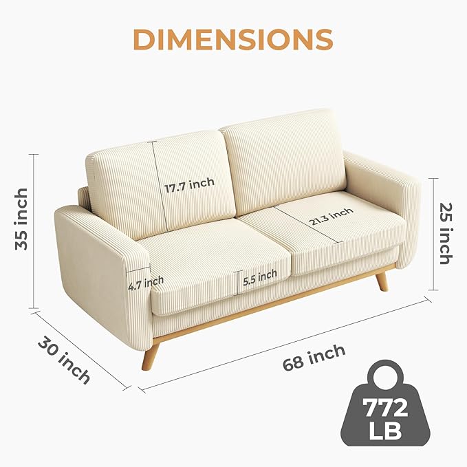 Vesgantti 68" Loveseat Sofa Beige, Comfy Corduroy Couch with Spring Cushion, Modern Sofa with Deep Seat, for Bedroom & Living Room