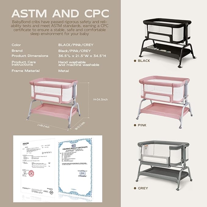 BabyBond Baby Bassinet, 3 in 1 Bassinet Bedside Sleeper with Washable Soft Mattress and Sheet, 6 Height Adjustable Bedside Crib, 4-Sided Mesh Bedside Bassinet for Baby