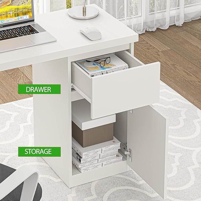 furtble White Desk with Drawers, 55 Inch Small Cute Desk for Bedroom, Home Office PC Desks Workstation Study Table Desks with Storage, White