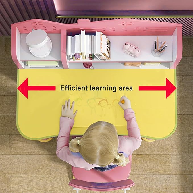 Kids Desk and Chair Set Adjustable School Study Desk with Castle Backboard, Wide Tabletop, Bookstand & Storage Drawer for Children's Room Pink (Pink)