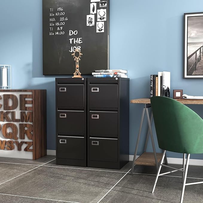 3-Drawer File Cabinet, 16.3" Deep Vertical Filing Cabinet with Lock, Metal File Cabinet for Home Office, Anti-Tip 3 Storage Drawers for Letter/Legal/A4/F4 Size, Assembly Required, Black