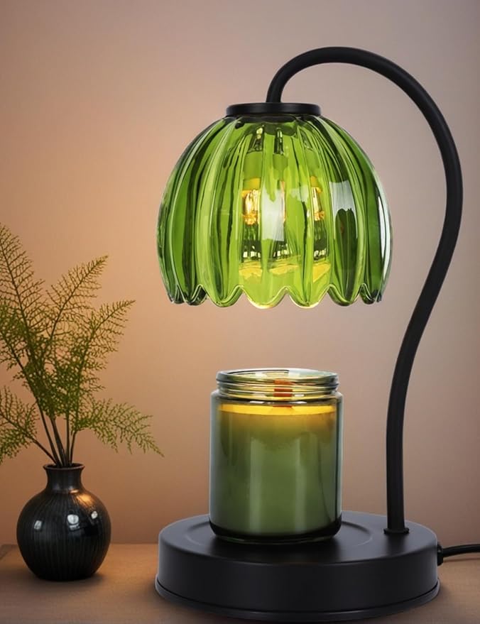 Dimmable Flower Candle Warmer Lamp with Timer, Aromatherapy Candle Lamp for Scented Candles, Modern Green Glass Candle Lamp Warmer Gifts for Her, Birthday/Housewarming/Back to School Gift
