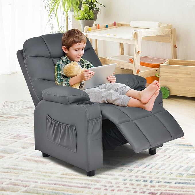 GLACER Kids Recliner Chair w/Cup Holder & Side Pockets, Children Recliner w/Comfortable Backrest, Armrests & Footrest, Toddler PU Leather Recliner for Boys Girls, 3+ Age Group (Grey)