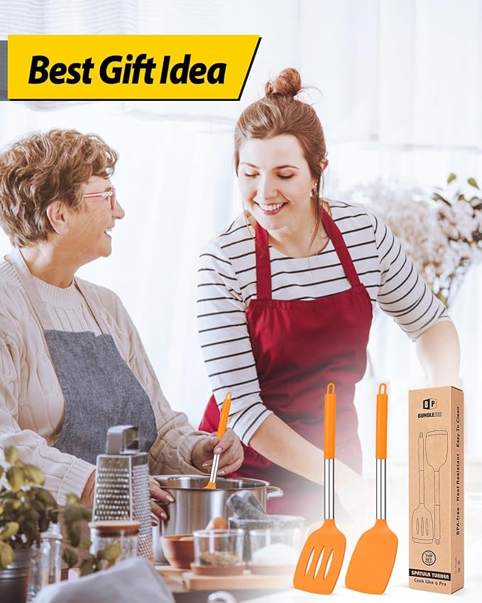 Pack of 2 Silicone Solid Turner, Non Stick Slotted Kitchen Spatulas, High Heat Resistant BPA Free Cooking Utensils, Ideal Cookware for Fish, Eggs, Pancakes (ORANGE)