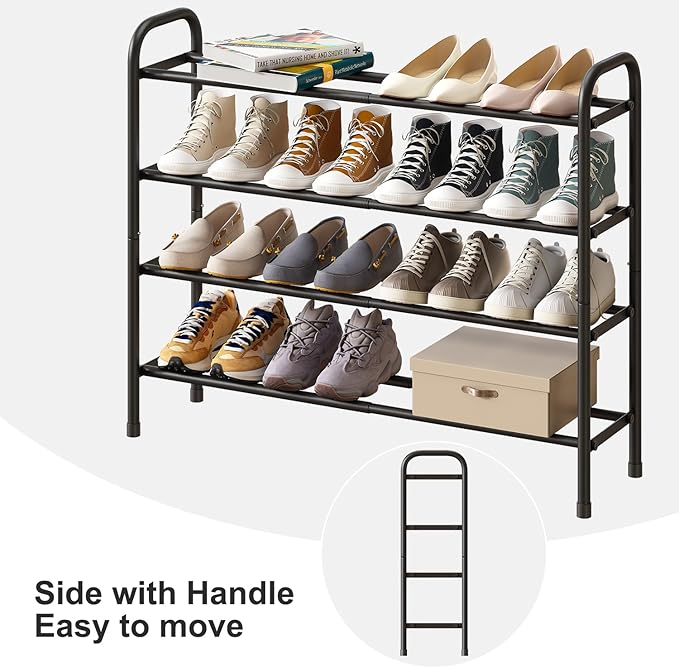 Long Shoe Rack, 4-Tier Expandable Metal Shoe Shelf, Shoe Rack for Closet, Entryway & Hallway