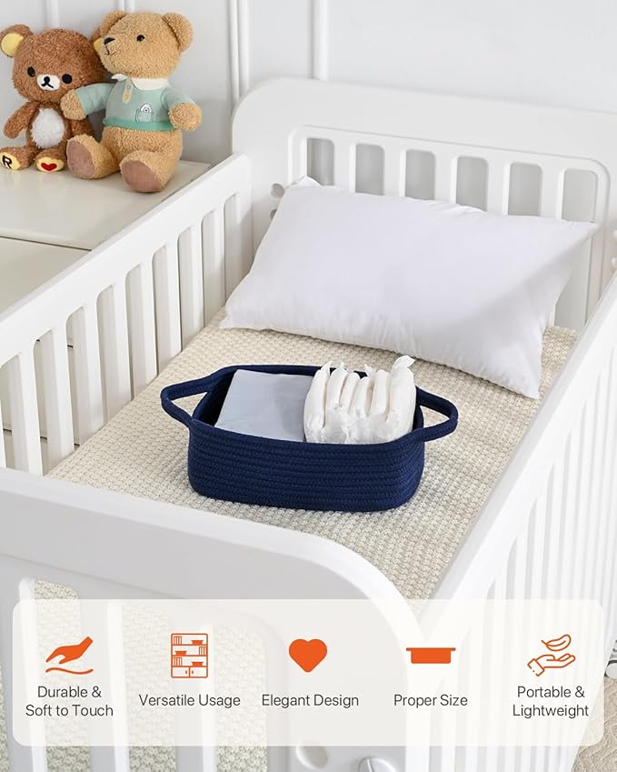KALLAX Small Woven Basket, 12 x 8 x 4.5 Inches, Small Storage Baskets for Organizing, Gift Baskets Empty, Cute Rope Shelf Closet Storage Bins for Shelves, Dog Toy Basket, 3 Packs, Navy Blue