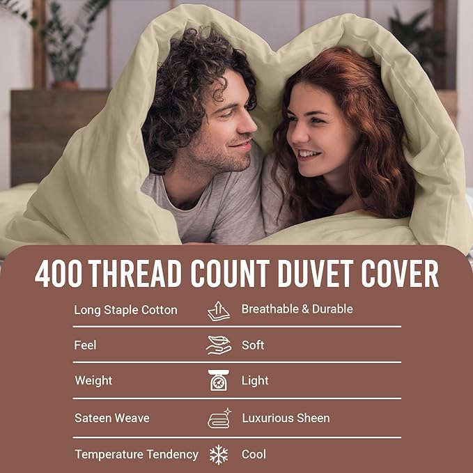 Pizuna Pure 100% Cotton Queen Duvet Cover Set, Luxurious 400 Thread Count Long Staple Cotton Sateen Weave with Button Closure (Combed Beige Cotton Duvet Cover Queen)