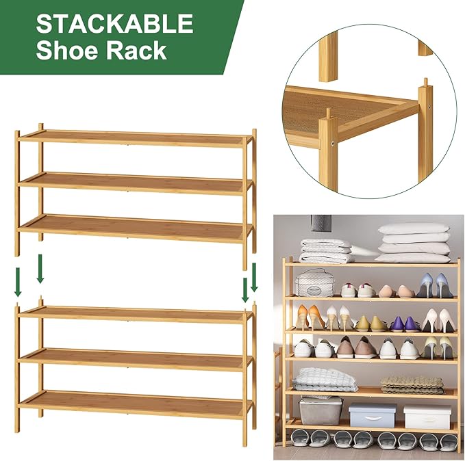 Long Shoe Rack, Bamboo Wood 3-Tier Shoe Rack for Entryway, Stackable | Foldable | Natural, Shoe Organizer for Hallway Closet, Free Standing Shoe Racks for Indoor Outdoor