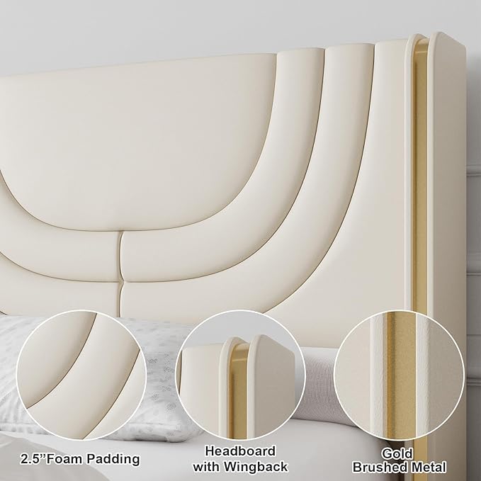 Queen Bed Frame with LED Lights, Faux Leather Upholstered Platform with Silver Wingback Headboard, Modern Style, No Box Spring Needed, Easy Assembly, Cream