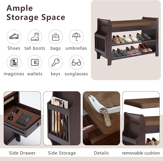 Bamboo Shoe Storage Bench, 3-Tier Shoe Rack with Padded Seat Cushion, Shoe Organizer Shelves for Entryway, Living Room, Bedroom, Hallway, Brown 31”
