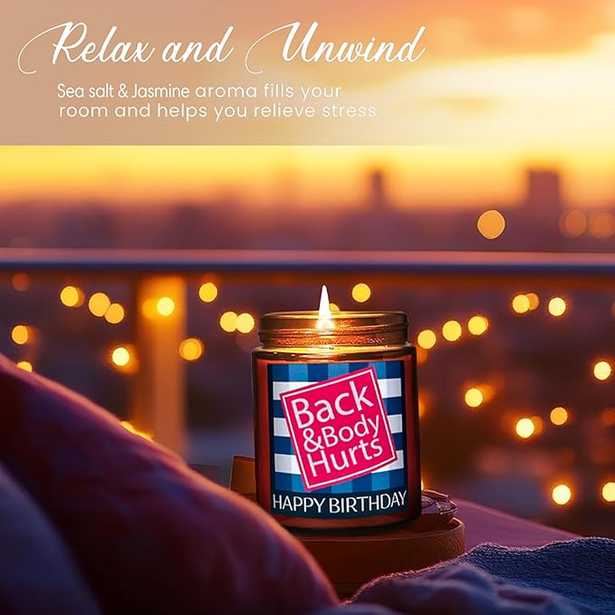 Funny Happy Birthday Candle Gifts for Women Men - Fun Relaxing 30th 40th 50th 60th Birthday Presents - Soy Calming Candle for Home - Sea Salt Jasmine Essential Oil Spa Candle for Stress Relief