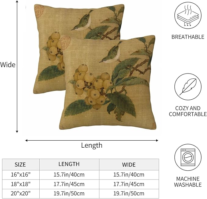 Vintage Rustic Chinoiserie Floral Bird Throw Pillow Covers 18x18 Inch Set of 2 Farmhouse Flowers Decorative Pillows Cover Retro French Country Cushion Case of Sofa Living Room Bedroom