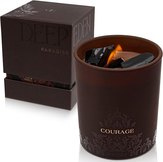 Empowerment Crystal Candle, 7.4 Oz, Brown - Forest Mahogany Scented Candle - Candles for Men with Wooden Wick, Black Tourmaline, Essential Oils & Premium Botanical Soy, Coconut and Beeswax