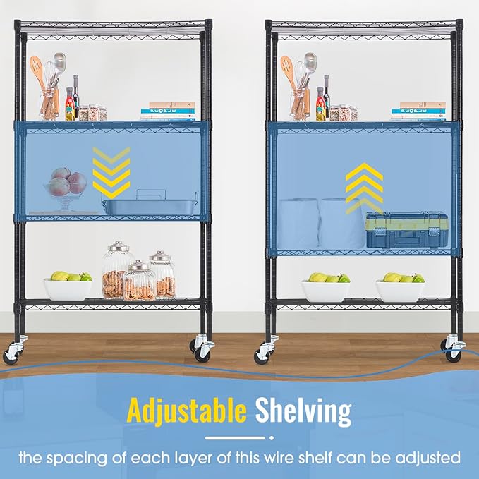 PayLessHere 4-Tier Adjustable Shelf Shelving Unit Shelves Shelf Heavy Duty Storage Steel Organizer Wire Rack (1400 lbs Loading Capacity) with Wheels Multi-Function Easy Assembly,Black
