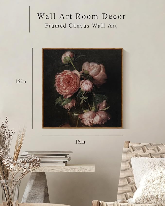 InSimSea Square Framed Canvas Wall Art, Farmhouse Prints Vintage Floral Flowers Peony Paintings Wall Decor Prints, Wall Art for Living Room, Bathroom, Office, Kitchen Home Decor 16"x16"