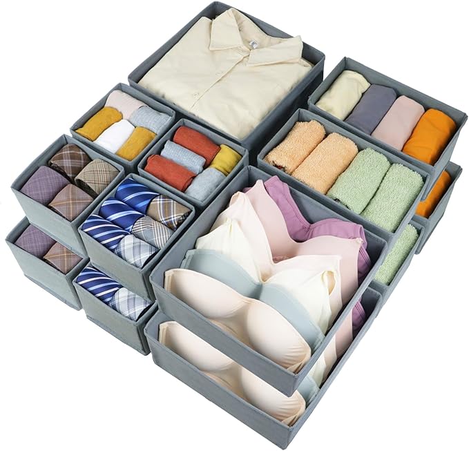 16 Pcs Drawer Organizer,Fabric Closet Organizer and Storage Baskets,Foldable Drawer Divider for Clothing,Sock,Ties,Underwear Drawer Organizers,Cabinet Storage Boxes (Gray)