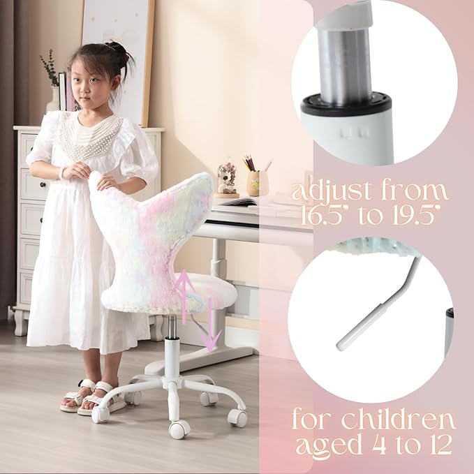 Fuzzy Desk Chair, Cute Swivel Children Desk Chair with Wheels for Kids Bedroom Upholstered Rolling Study Chair Adjustable Computer Chair Mermaid Back Vanity Chair for Teen Girls Boys, Pink Colorful