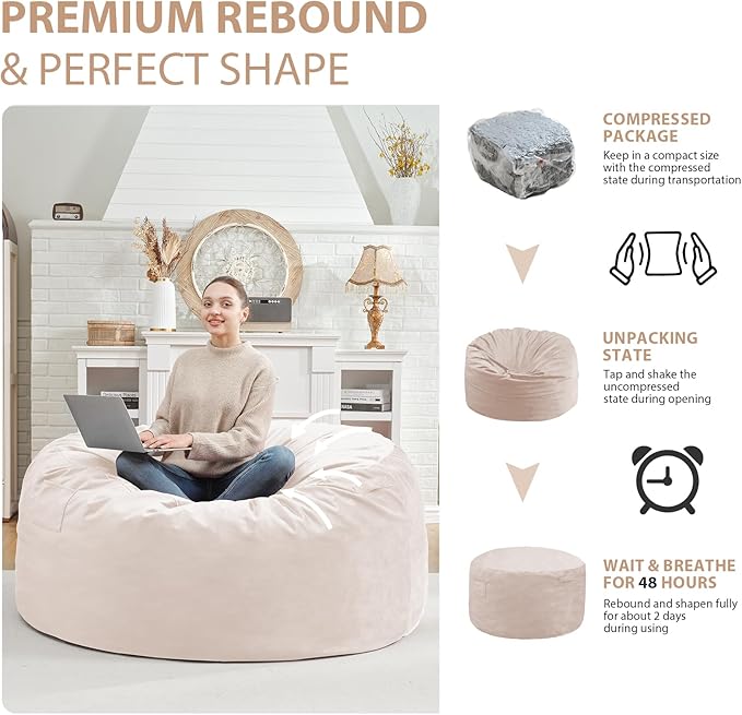 4FT Bean Bag Chair, Large Bean Bag Chairs with Memory Foam Filled, Fluffy Beanbag Sofa with Dutch Velvet Cover, Round BeanBag Chairs for Living Room, Playroom - Beige