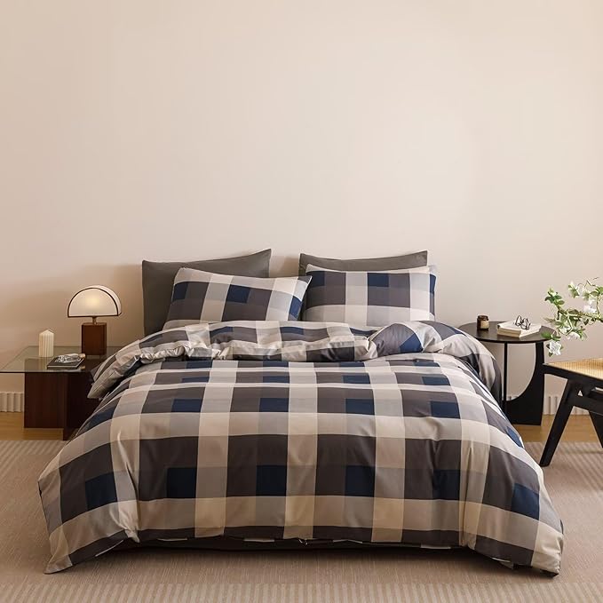 Blue Checkered Comforter Set Twin Size Blue, Gray, Beige and White Three-Color Bedding Soft Bedding Simple and Modern Bedroom Decoration
