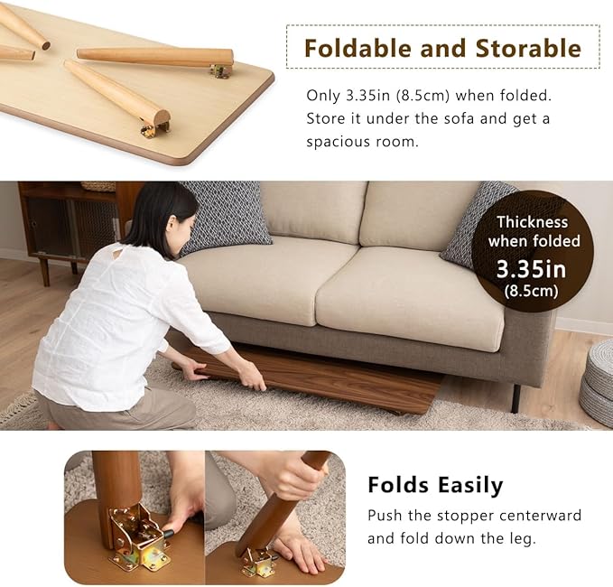 EMOOR Wood Folding Coffee Table Rectangle Large (20.5"x41.3") Walnut, Floor Sitting Low Table Small Space Minimalist Japanese Tatami Room