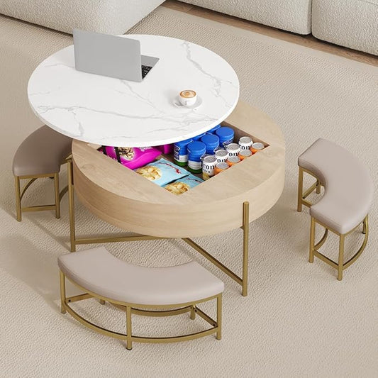 WILLIAMSPACE 31.5" Lift Top Coffee Table Set with Storage & 3 Upholstered Nesting Ottoman, Modern Round Marble Coffee Table Accent Center Table for Living Room, Apartment, White & Natural