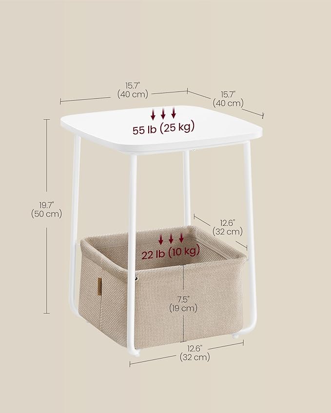 VASAGLE End Table, Side Table with Fabric Basket, Modern Nightstand, Square Bedside Table, for Living Room, Bedroom, Matte White and Camel Brown ULET229W10