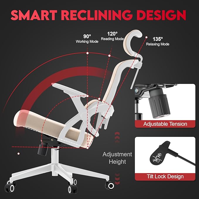 Ergonomic Office Chair - 400LB Comfy Desk Chairs with Headrest and Back Support, Heavy Duty Mesh Computer Chairs with Wheels and Arms for Home Office, Study, Bedroom and Dorm (04Khaki)