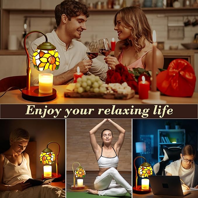 Candle Warmer Lamp with Timer Dimmer, Adjustable Height Candle Warmer for Jar Candles, Birthday Gifts for Women New Home Bedroom Decor Tiffany Sunflower Style Stained Glass with 2 Bulbs