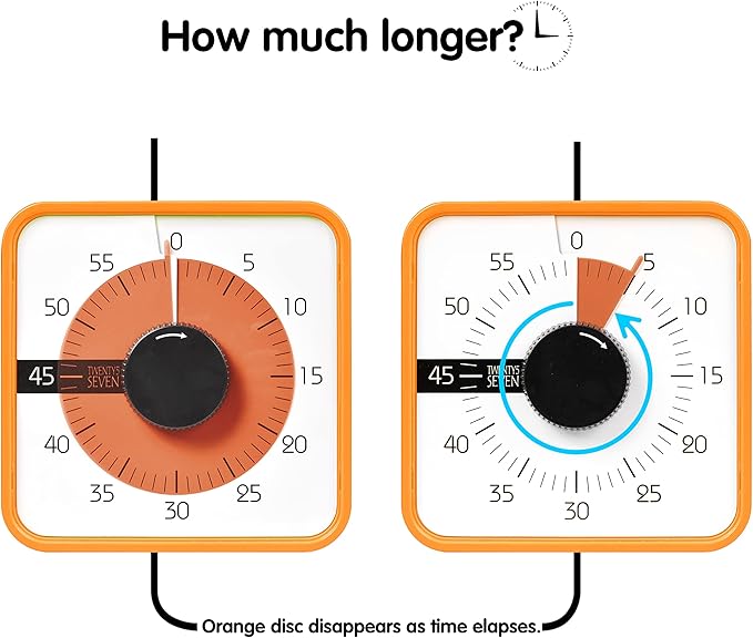 TWENTY5 SEVEN Countdown Timer 7.5 inch; 60 Minute 1 Hour Visual Timer – Classroom Teaching Tool Office Meeting, Mechanical Countdown Clock for Kids Exam Time Management Magnetic, Orange