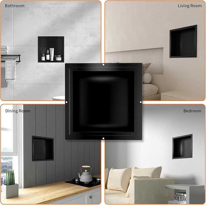 CKB Shower Niche Stainless Steel, 12 Inch x 12 Inch x 4 Inch Depth, Recessed Shower Shelf with Matte Black