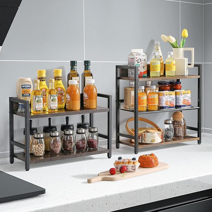 IBUYKE 3-Tier Spice Rack Industrial Counter Shelf Desktop Storage Organizer Standing Seasoning Rack for Countertop Kitchen Office Living Room Desktop Rustic Brown UTLJ021H