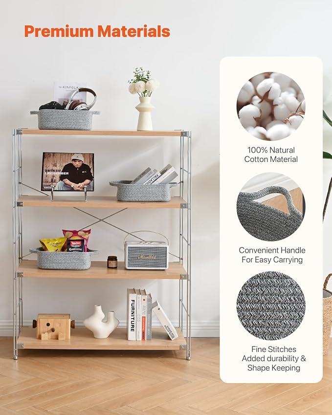 KALLAX Small Woven Basket, 12 x 8 x 4.5 Inches, Small Storage Baskets for Organizing, Gift Baskets Empty, Cute Rope Shelf Closet Storage Bins for Shelves, Dog Toy Basket, 3 Packs, Mixed Grey