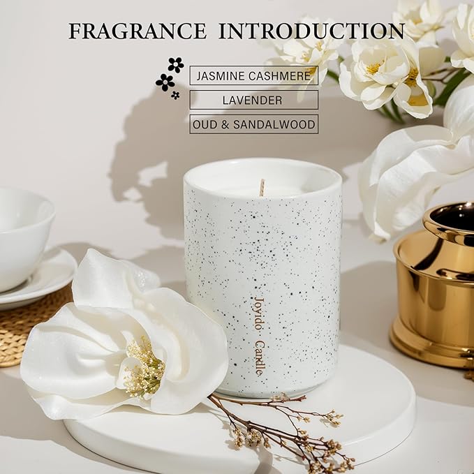 14OZ Jasmine Cashmere Scented Candle - Aromatherapy Candles with Lid - Soy Candles for Home Scented - Luxury Ceramic Jar Candle for Bedroom Kitchen Home Decor, Housewarming Party