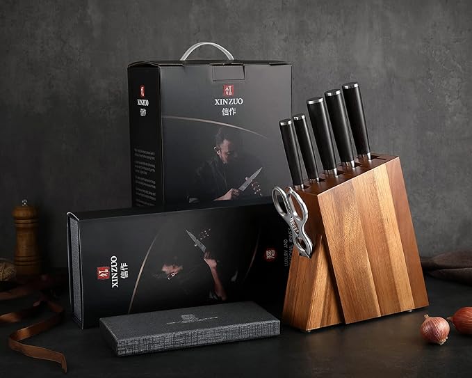 XINZUO 7-Piece Knife Block Set, Super Damascus Steel Kitchen Knife Set with Block,Professional Knife Set for Chefs&Home Cooking,Pakkawood Handle,Chef Gift Box-He Series