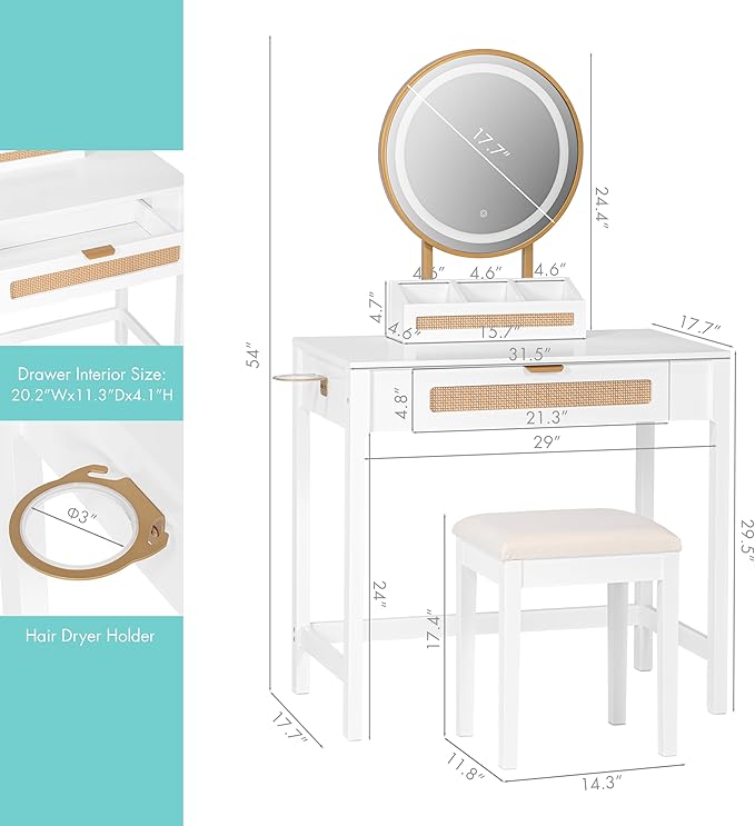 Spirich Makeup Vanity Desk with Mirror and Lights, Rattan White Vanity with Drawers, 3 Lighting Modes Small Vanity Dressing Table for Bedroom