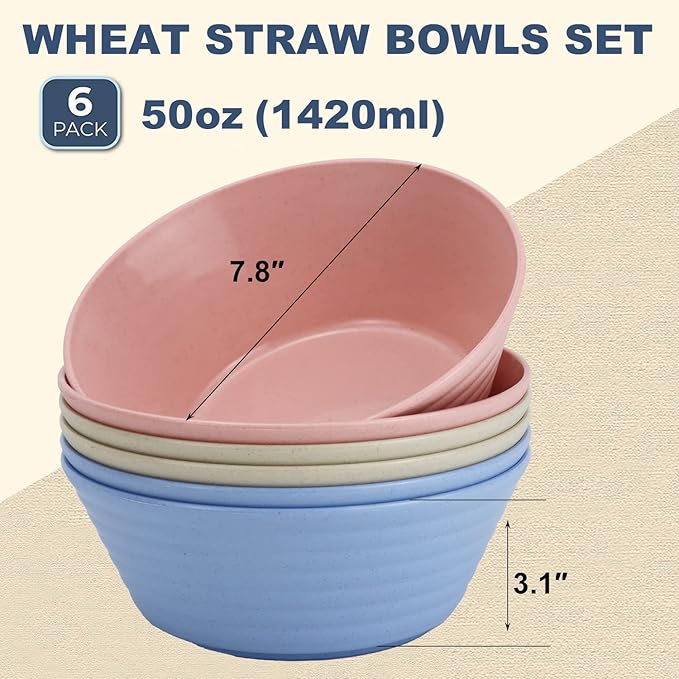 Wheat Straw Bowl Sets,6 PCS Unbreakable Big Cereal Bowl 50 OZ,Microwave and Dishwasher Safe Bowls,Large Salad Bowls for Party,Dorm,Apartment,Camping (Colorful Series)