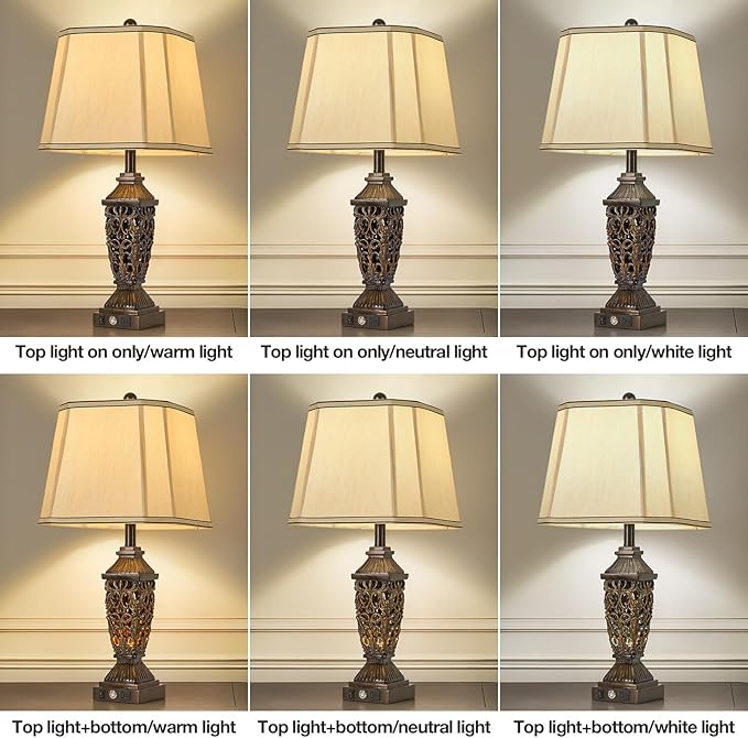 AIDENOEY 27.5“ Farmhouses Table Lamp with USB & USB-C Charging Ports, 3-Color Dimmable & Stepless Bottom Dimming, Touch Control & Switch, Vintage Bedside Lamp for Bedroom Living Room Office,(Brown)