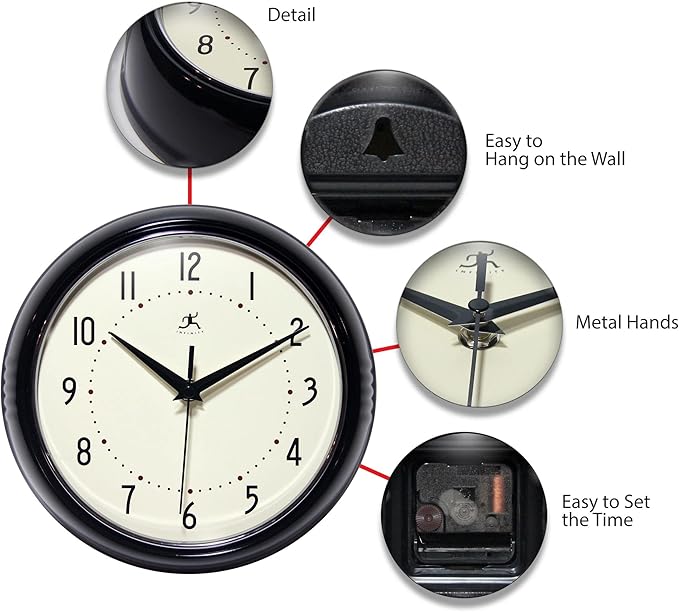 Infinity Instruments LTD. Retro 9 inch Silent Sweep Non-Ticking Mid Century Modern Kitchen Diner Wall Clock Quartz Movement Retro Wall Clock Decorative (Black)