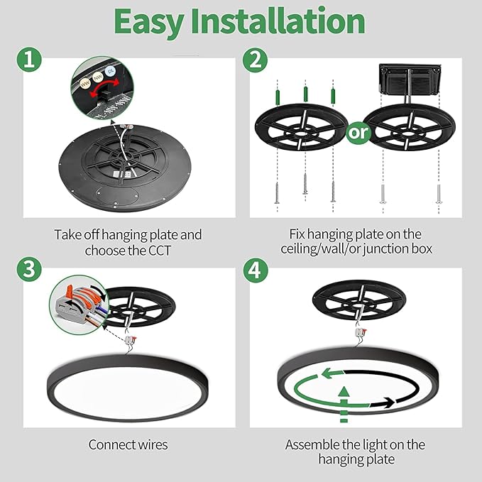 24 Inch Large LED Flush Mount Ceiling Light, 50W,5480LM, 3000K/4000K/6000K CCT Selectable, Black Round Flat Panel Low Profile Ceiling Light Fixtures for Hallway, Kitchen, Bedroom, Laundry Room