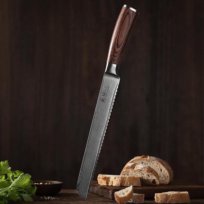 Wakoli Long Bread Knife, 9.1-inch Blade Damascus Chef Knife made from 67 Layers of Damascus Steel with VG10 Core, Sharp Kitchen Knives with Pakkawood Handle, Chefs Knifes for Breads in Gift Box (EDIB)
