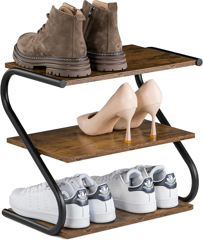 Small 3-Tier Shoe Rack, Z-Frame Wooden Shoe Shelf with Durable Metal Shelves for Hallway, Living Room, Closet, Bedroom (17.2”)
