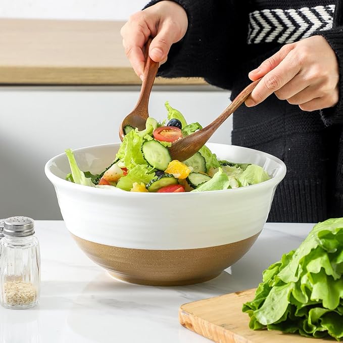 Hasense Serving Bowls, 9 Inch Ceramic Salad Dish for Kitchen, 84 Ounce Large Mixing Bowls for Cooking, Side Dishes, Baking, Popcorn, White Serving Dishes Set of 2, Dishwasher Microwave Safe