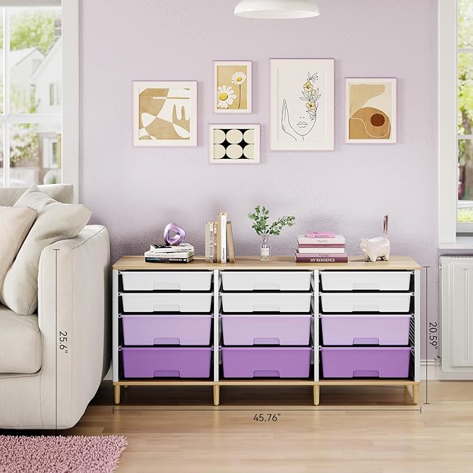 Storage Cabinet with 12 Drawers, Home Storage With Wooden Tabletop, Cube Storage Organizer for Living Room, Bedroom, Classroom, Office, Playroom, Craft Room, (Purple)