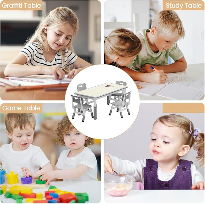 GarveeHome Kids Table and 4 Chairs Set, Height Adjustable Toddler Table and Chair Set for 4, Graffiti Desktop, Non-Slip Children Table for Home Daycare Preschool for Ages 2-8, Grey