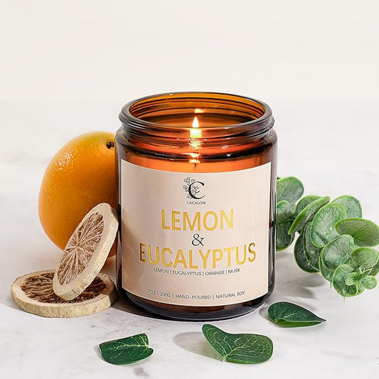 Soy Jar Candle,Premium Natural Soy Wax Blend with Lemon & Eucalyptus,Long-Lasting Aromatherapy Scented Candle for Bedroom & Living Room,7oz Reusable Container with Lid, Birthday Gift for Her Women