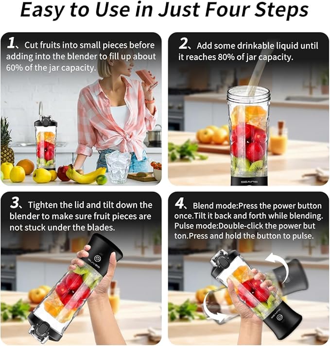 Portable Blender with 20 Oz Travel Cup, 6 Blades, USB Rechargeable for Shakes, Smoothies, Gym, Kitchen and Outdoors (Black)