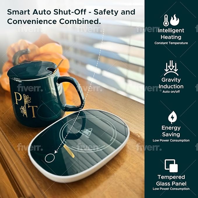 Smart Coffee Mug Warmer & Mug Set for Desk, Electric Coffee Cup Warmer with Auto Shut Off, 55°C Temperature Coffee Mug Warmer Heater, Ceramic Cup, Home, Office - Ideal Gift for Coffee & Tea