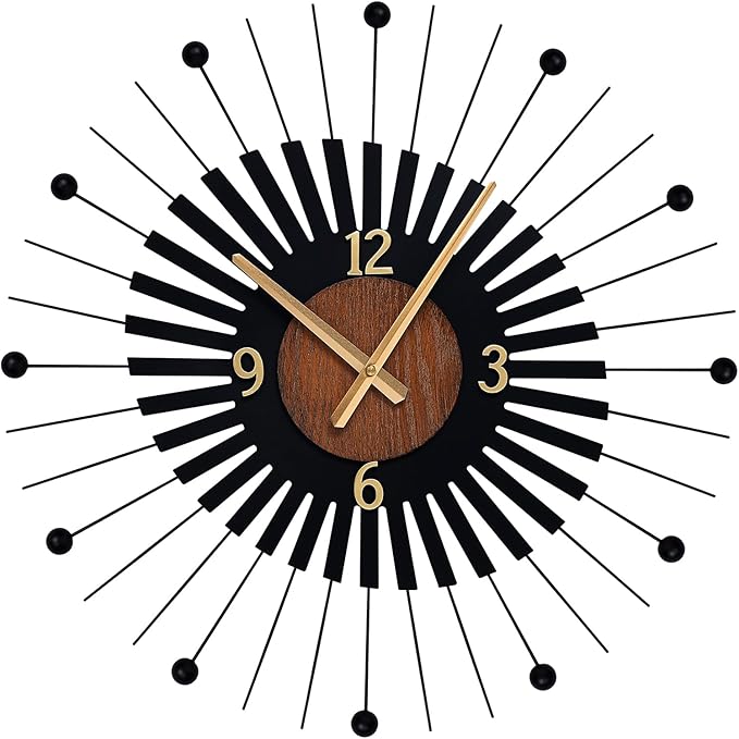 22 Inch Modern Sunburst Wall Clock Battery Operated, Black Metal Radiating Design with Walnut Wood Center, Silent Quartz Movement, Gold Hands – Decorative Clocks for Living Room, Office, Bedroom