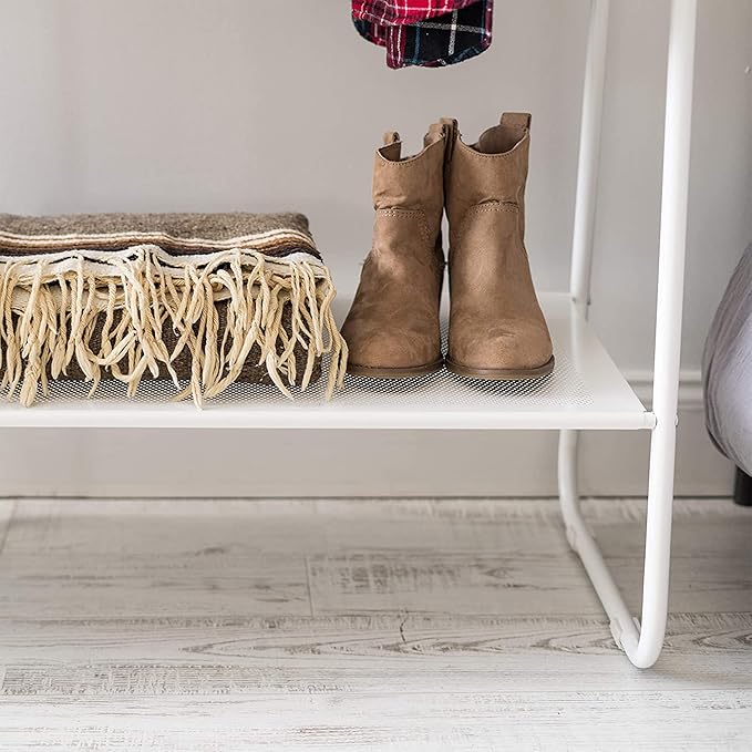 IRIS USA Clothes Rack, 4 Metal Shelves, Freestanding Clothing Stand For Hanging Clothes, Coat, Deco Plants, Easy Assemble, Metal Sturdy Garment Bar, Closet Wardrobe Small Space Storage, White