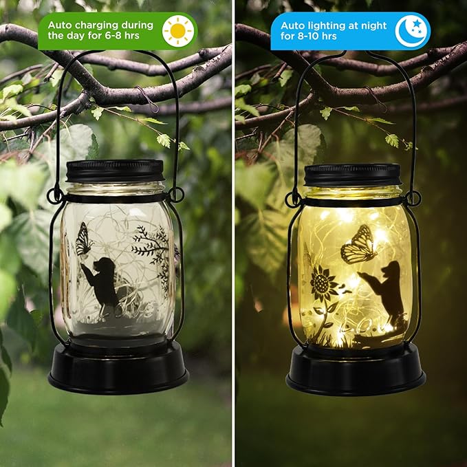 Styleonme Outdoor Solar Dog Lanterns, Solar Waterproof Lights , Mother's Day Lantern Gifts for Women Men, Dog Lovers Gifts, Hanging Dogs Lanterns with Stake for Yard Lawn Garden Decor
